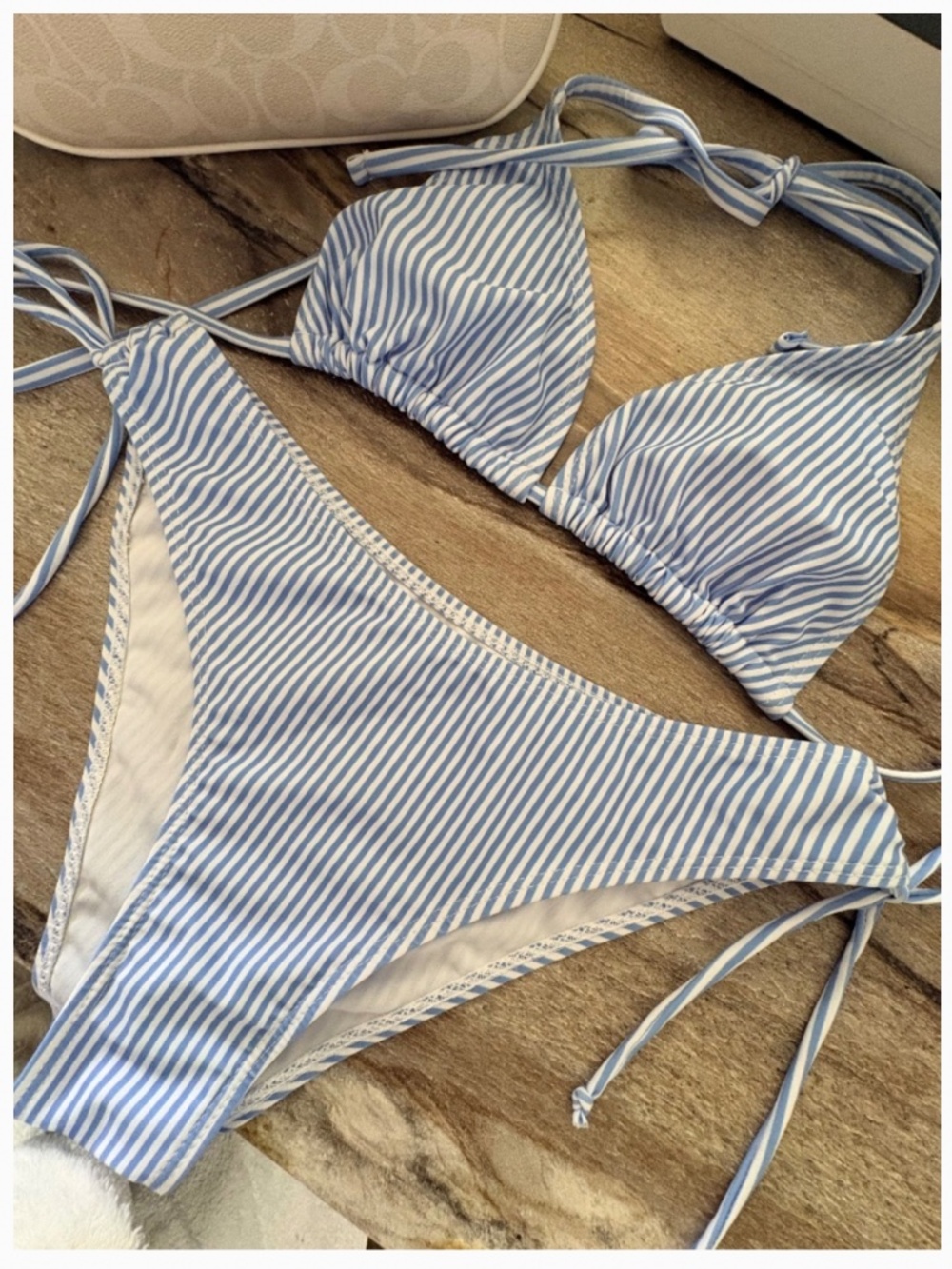 New Blue and White Stripe Halter Triangle Bikini